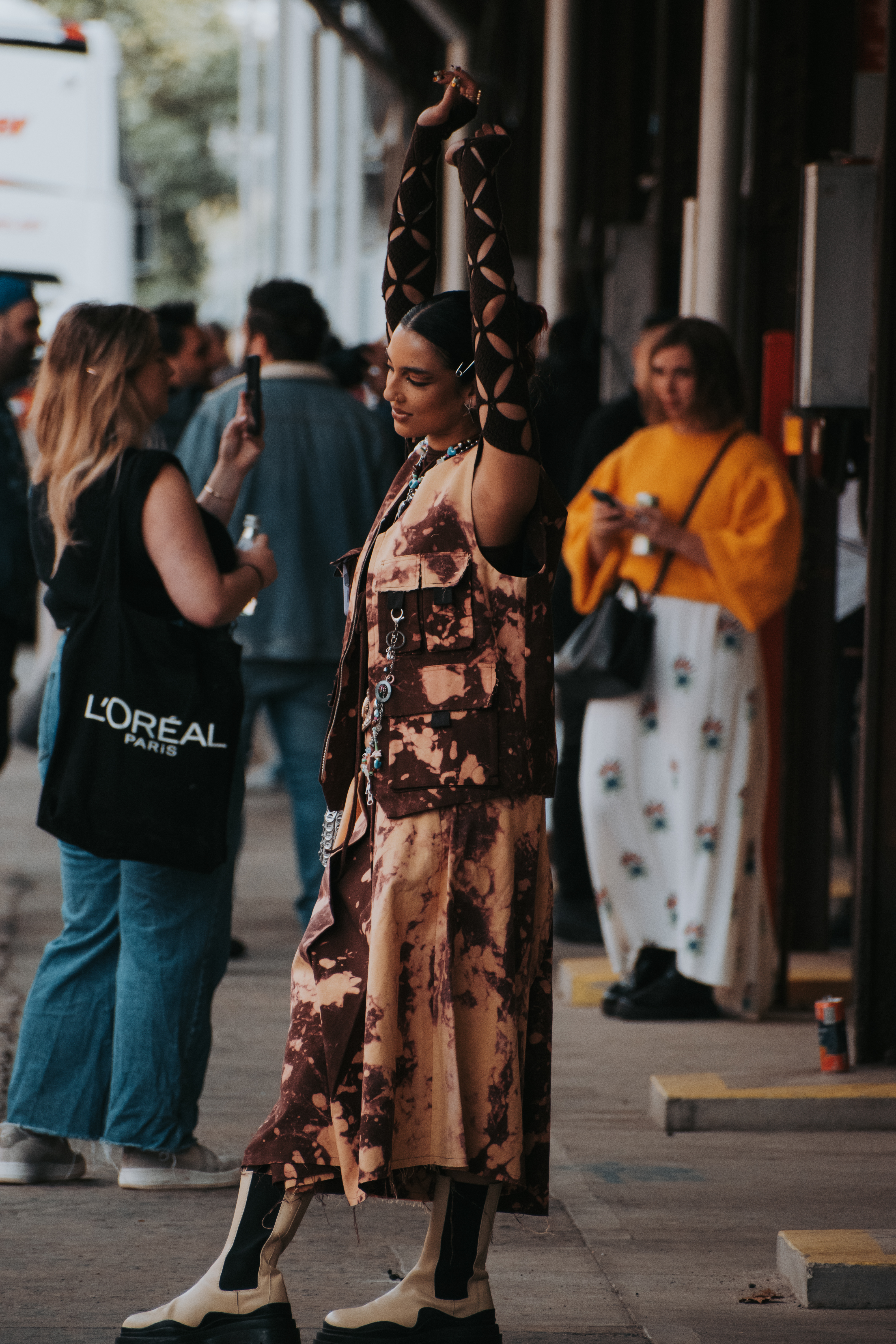 Attendees of Afterpay Australian Fashion Week outside Carriage Works on Gadigal Land. (Image: Rhiannon Clarke)
