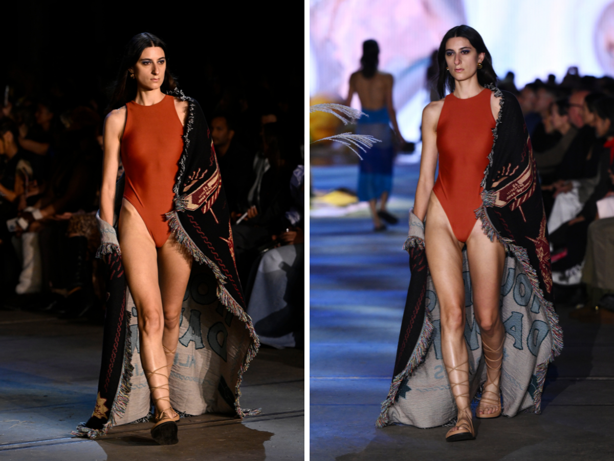 House of Darwin during the #WeWearAustralian x Afterpay Runway. (Image: Stephen Gosatti/Getty and James Gourley/Getty)