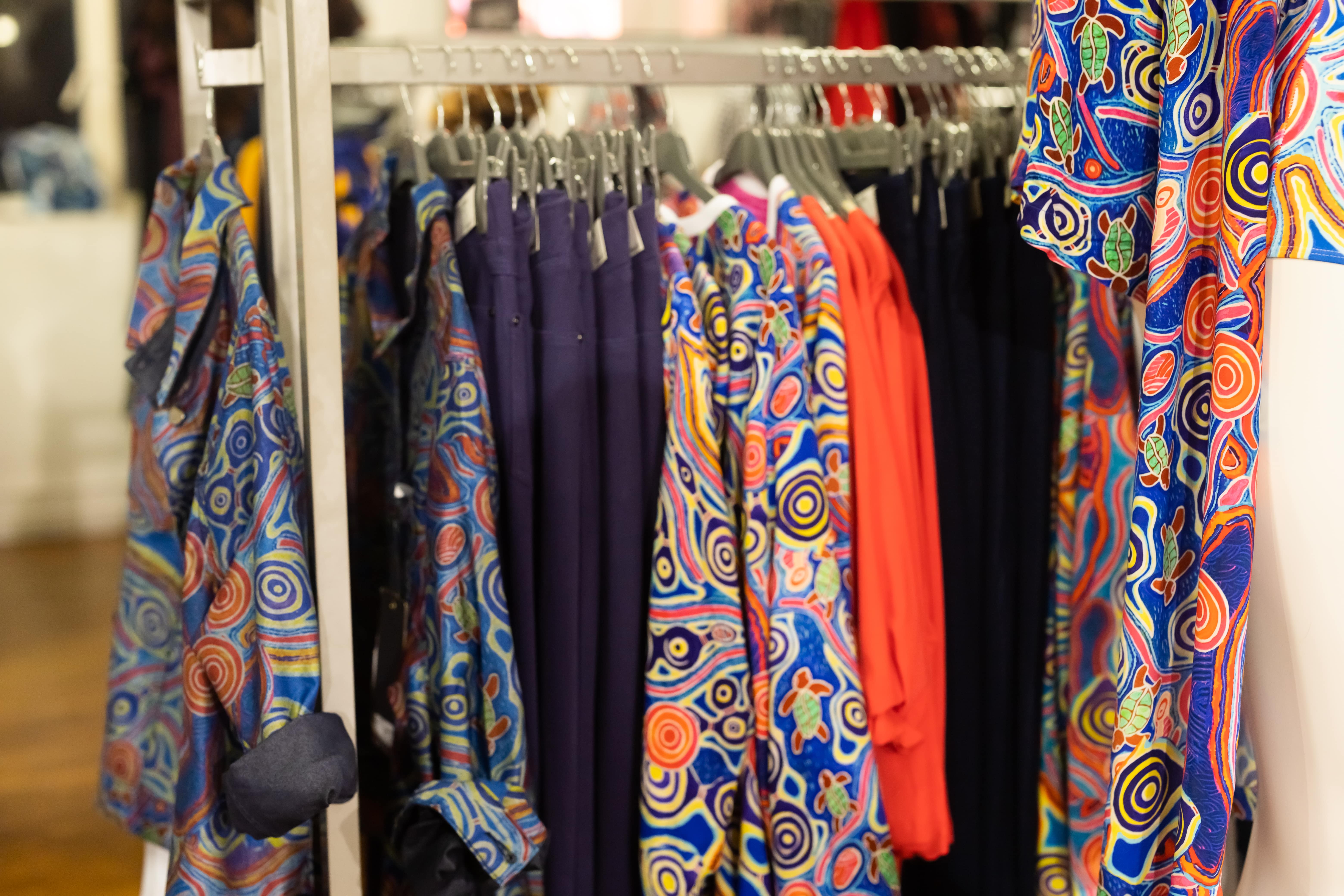 Johnson's designs displayed on a rack at a Taking Shape store in Sydney.