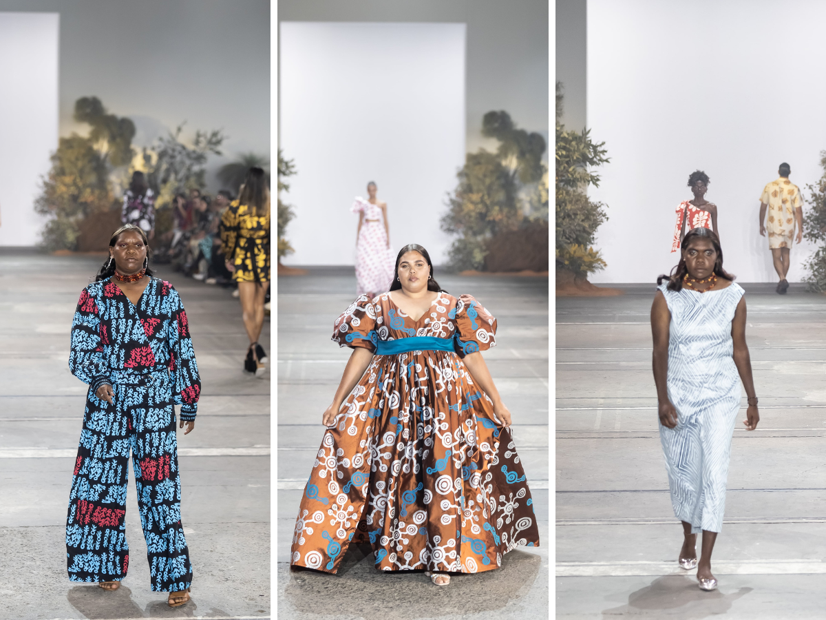 Ikuntji artists Sheryldeen Marshall, Hayley Dodd and Rita Djana on the runway during AAFW. (Image: Rob Hookey)