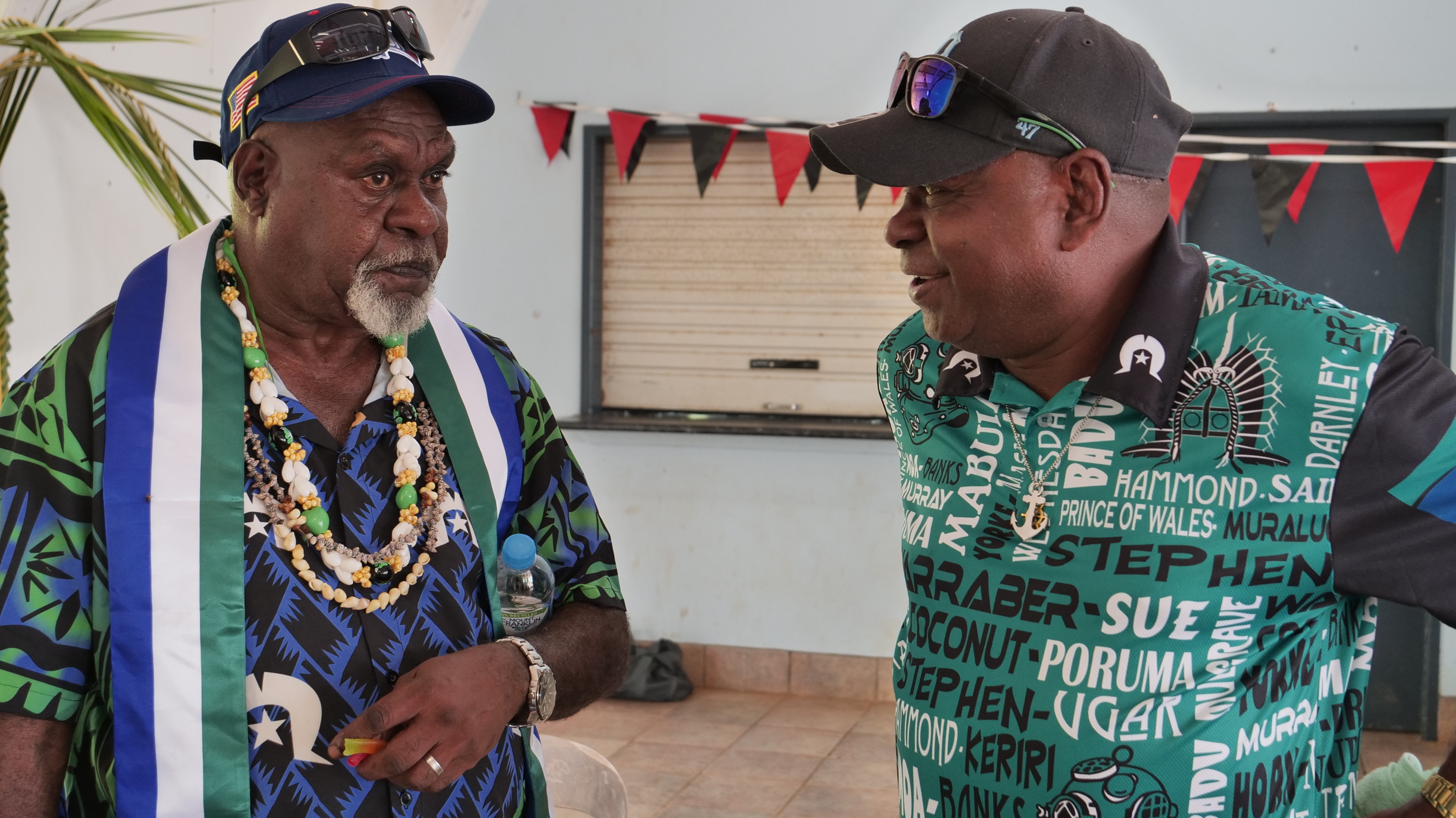 Uncle Pabai and Uncle Paul during hearings on Saibai Island. (Image: Grata Fund Ruby Mitchell)