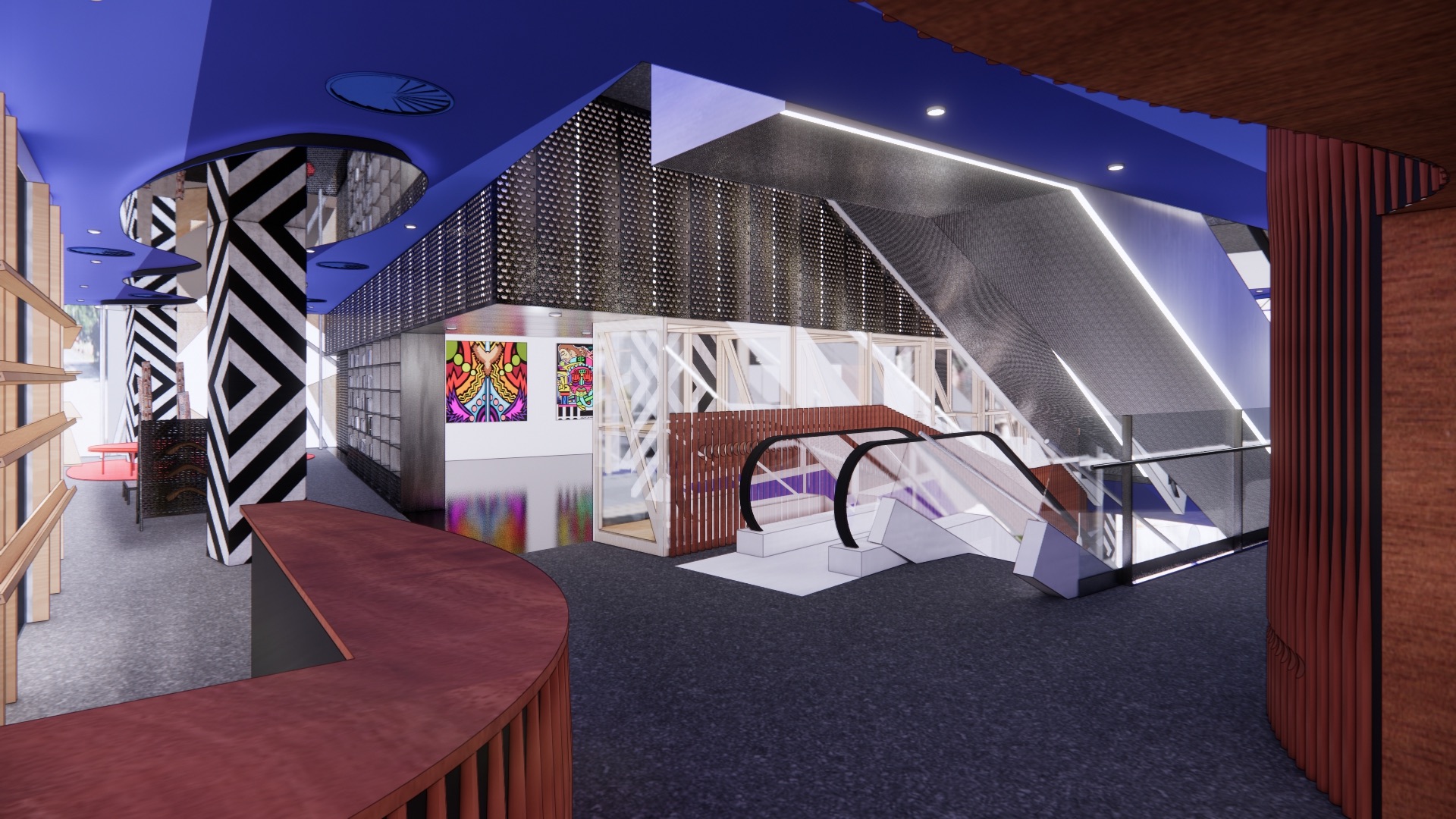 Render of level 2 arrival foyer with view to temporary exhibition gallery