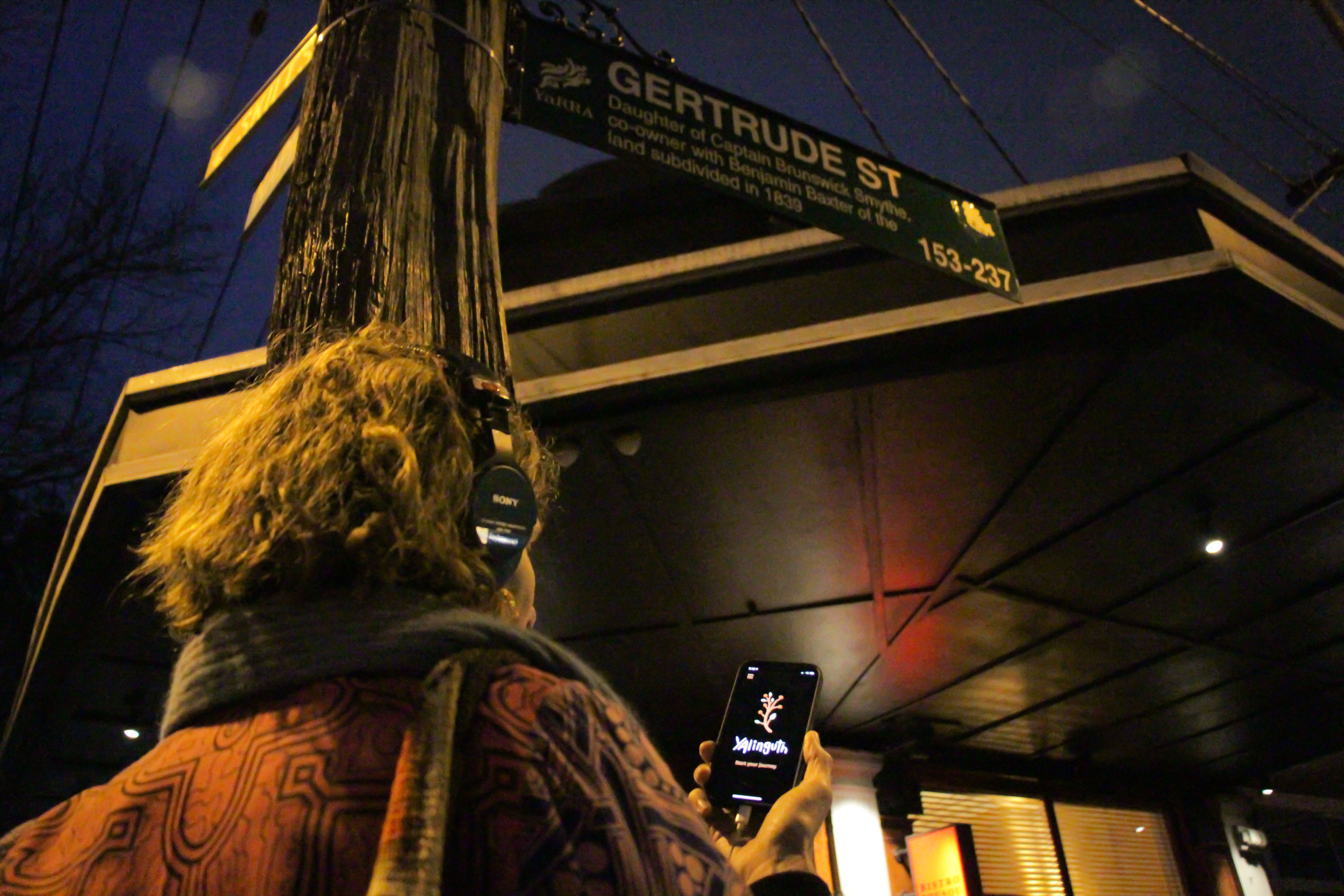 Yalinguth app in use at Gertrude St Sign. (Image: Pip Chandler)